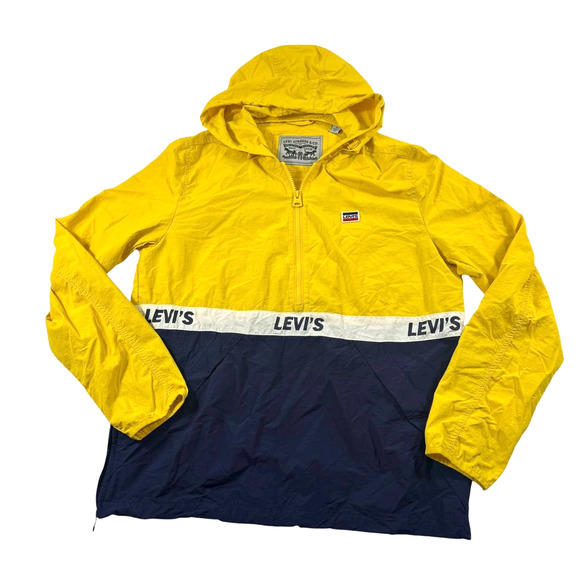 Levi’s Men’s Hooded Windbreaker Jacket Yellow Navy Half-Zip Pullover Size S - Picture 1 of 7
